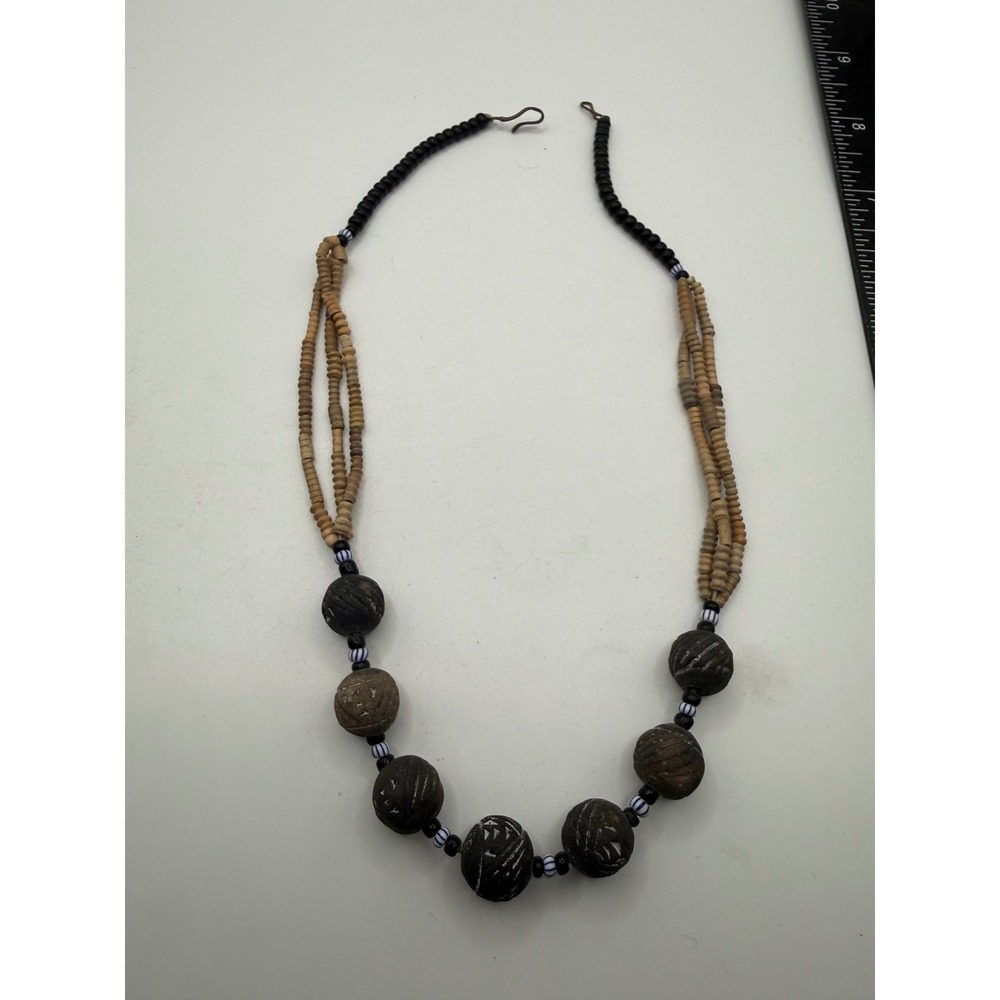 Vintage Tribal Hand Carved Clay Wood Bead Statement Necklace Boho Ethnic 20 Inch